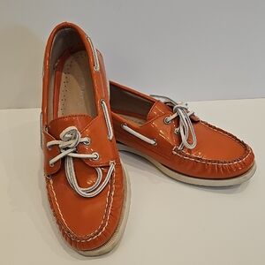 Sperry Orange Coral Patent Leather Top Sider Loafers with White Laces Size 7 1/2